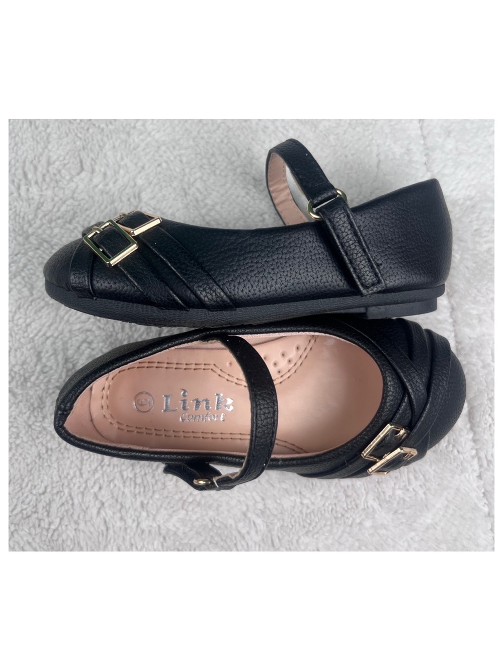 Link Comfort Baby Size 6 Black Mary Jane Shoes with Gold Buckles